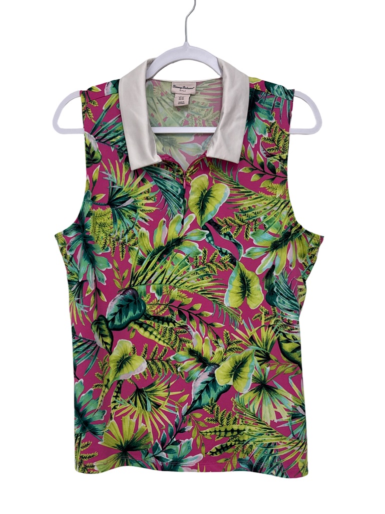 Tommy Bahama Golf Pink Tropical Leaf Sleeveless Performance Polo Women’s Xl